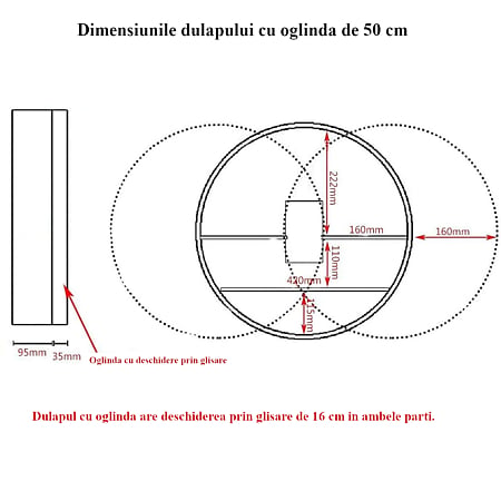 Oglinda de baie cu dulap Hausberg DL1, deschidere prin culisare, rotunda, PAL, maro, Ø50 cm x 13 cm