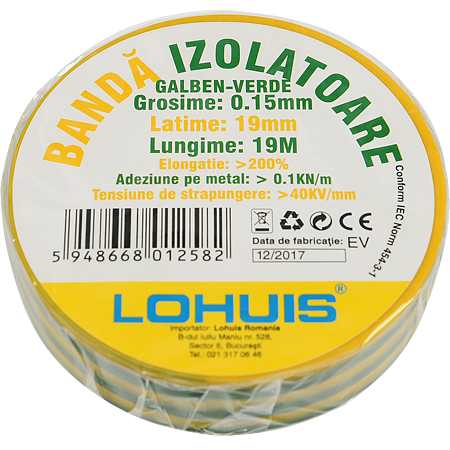 Banda izolatoare electrica PVC Lohuis, verde - galben, 19 mm, rola 10 m