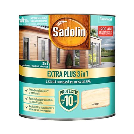 Lazura lucioasa pentru lemn, Sadolin Extra Plus 3 in 1, pe baza de apa, incolor, interior/exterior, 0.75 l