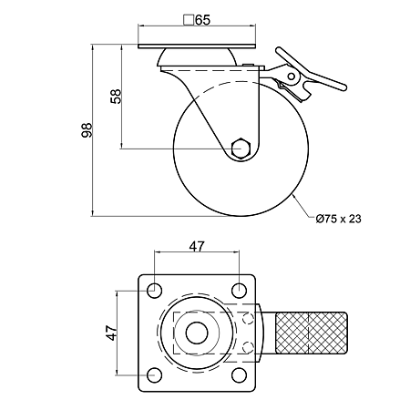 Rotila cu flansa si frana, metal, plastic, gri, Ø 75 mm, H 98 mm