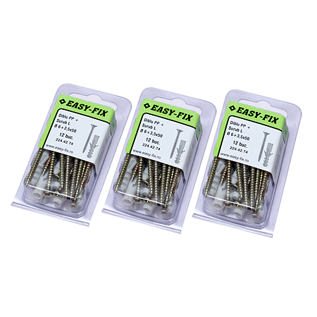 Diblu din polipropilena, D: 6 mm, cu surub 3,5 x 50 mm, 12 BUC Diblu din polipropilena, D: 6 mm, cu surub 3,5 x 50 mm, 12 BUC