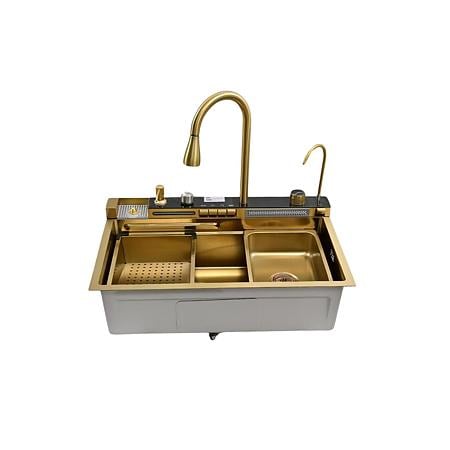 Chiuveta bucatarie inox Hausberg, aurie, dreptunghiulara, cuva stanga / dreapta, 75 x 46 cm, adancime cuva 21.5 cm + baterie cu display digital + baterie filtru apa + dozator detergent + suport spalare pahare + 2 tavite uscare + tocator lemn