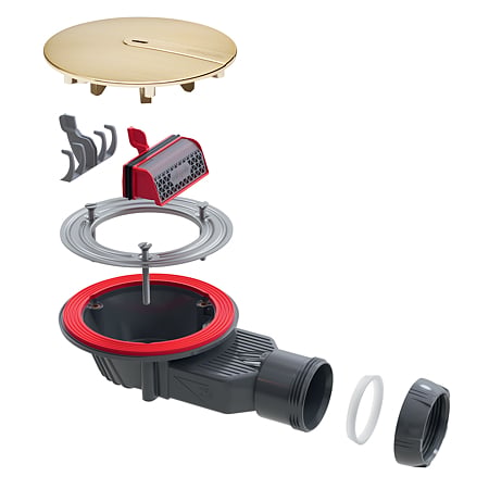 Sifon cadita dus / pardoseala Wirquin SlimPlus extra plat h=40 mm, corp ABS, anti miros, filtru de par, iesire Ø40 mm, debit 34 l/min, auriu periat, 187 x 60 x Ø118 mm