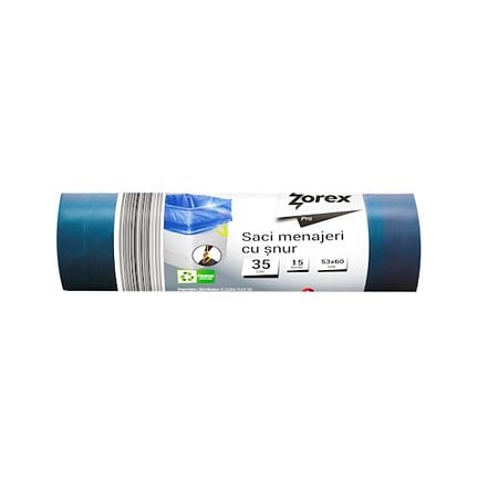 Saci menajeri cu snur Zorex, 35 L, bleu, 15 bucati