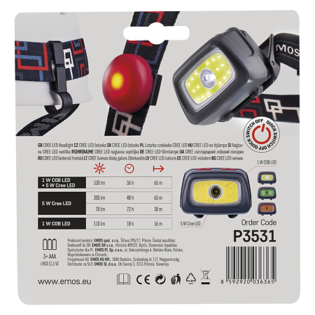 Lanterna frontala Emos CREE LED + COB LED, 3× AAA, 330 lm, 65 m