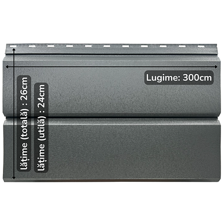 Lambriu metalic drept Jupiter, gri, RAL 7024, mat structurat, grosime 0.45 mm, 3 x 0.26 m Lambriu metalic drept Jupiter, gri, RAL 7024, mat structurat, grosime 0.45 mm, 3 x 0.26 m