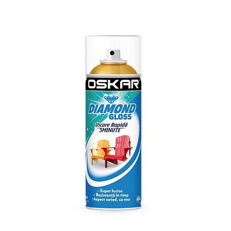 Vopsea spray pentru lemn / metal / ceramica Oskar Diamond Gloss, galben solar RAL 1023, lucios, interior/exterior, 400 ml
