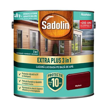 Lazura lucioasa pentru lemn Sadolin Extra Plus 3 in 1, interior/exterior, mahon, 2.5 l