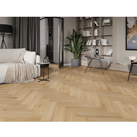 Pardoseala SPC 4,5 mm Afirmax Legnar Herringbone stejar Arvada, impermeabila, nuanta medie, clasa de trafic 33, sistem imbinare clic 5Gi, montaj herringbone placi A si B, 592 x 148 mm