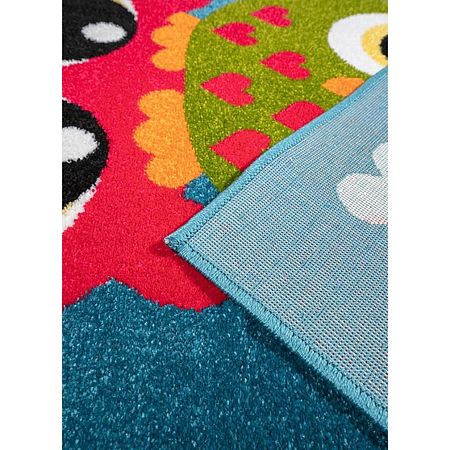 Covor modern Kolibri, 11207/140, polipropilena, verde cu bufnite multicolore, 160 x 230 cm