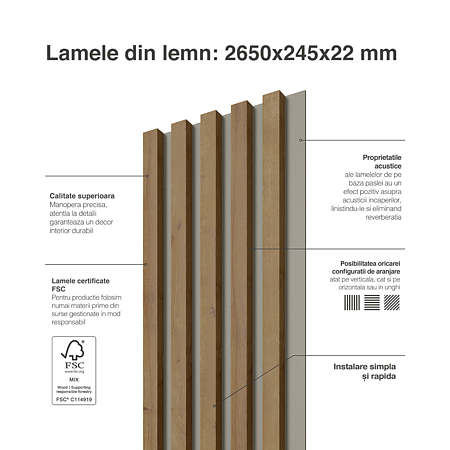 Panou decorativ Linea Select, 5 lamele, MDF, stejar / casmir, interior, 265 x 24.5 x 1.9 cm