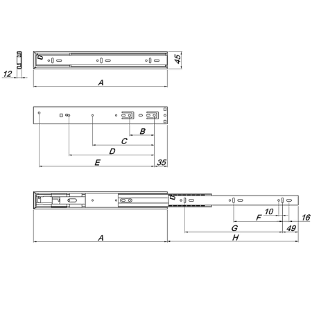 Glisiera TEKO cu bile si amortizor, zincat alb, extractie totala, 350 x 45 mm Glisiera TEKO cu bile si amortizor, zincat alb, extractie totala, 350 x 45 mm
