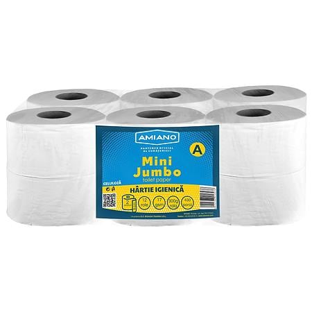 Hartie igienica Mini Jumbo Amiano, alba, 2 straturi, 12 role