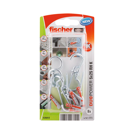 Diblu cu surub cap ochi Fischer Duopower, nylon, 5 x 25 mm, 8 bucati
