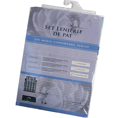 Lenjerie pat XXL Minet Conf, 2 persoane, bumbac 100%, 4 piese, patrate, albastru