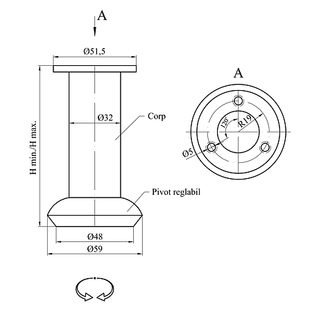 Picior rotund crom TL023 D32 x 100 mm