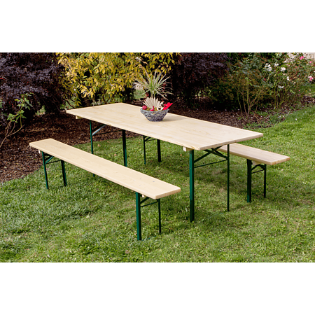 Set pliabil masa si 2 banci Bucin Mob Standard, dreptunghiulare, lemn masiv rasinoase, natur, 2.2 x 0.7 m