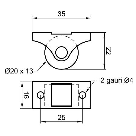 Rotila fixa, metal + plastic, gri/negru, 20 x 32 mm