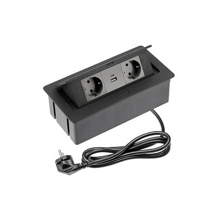 Priza incorporabila GTV, 2 prize schuko x 2 port USB, negru, 110 x 130 x 250 mm