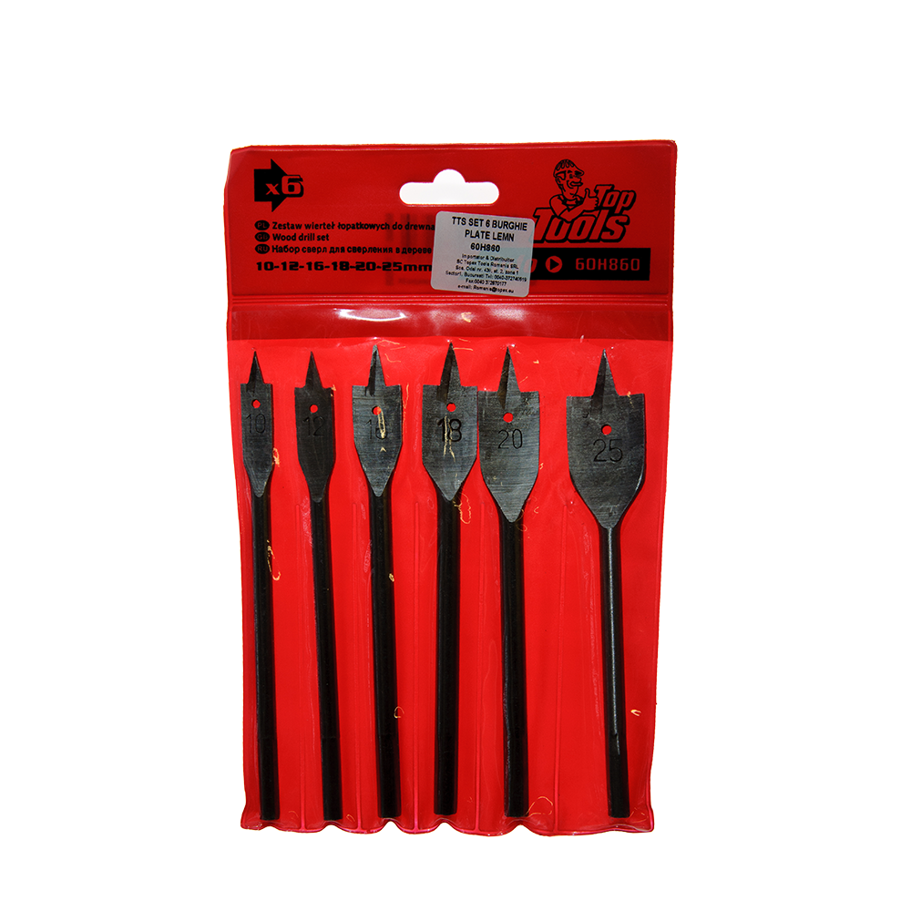 Set 6 burghie plate Top Tools 60H860, prindere hexagonala, pentru lemn, 10 - 25 mm