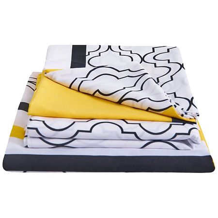 Lenjerie de pat bumbac polycotton Caliope pentru pat de 2 persoane, XXL, alb/galben/negru