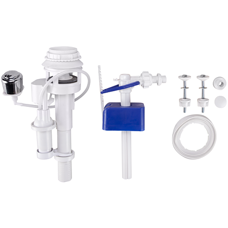 Mecanism WC + robinet flotor cu intrare laterala, actionare pneumatica, 3/8", buton argintiu, 23 cm