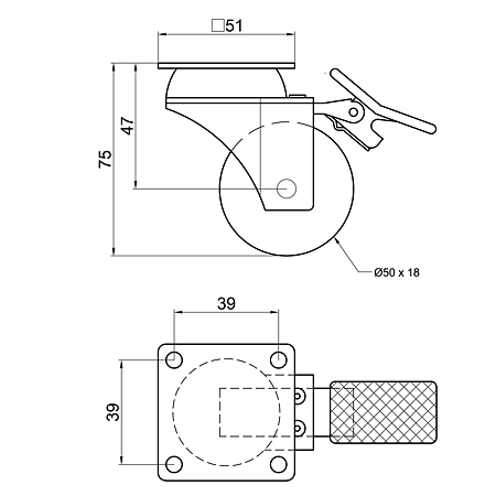 Rotila cu flansa si frana pentru carucior, metal + plastic, gri, 50 x 75 mm