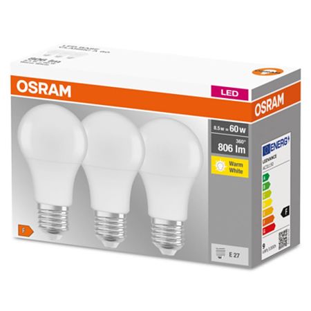 Set 3 Becuri LED A60 Osram, para, E27, 8.5 W, 806 lm, lumina calda 2700 K