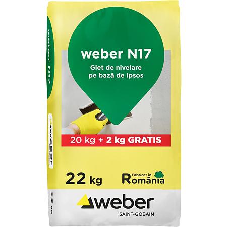 Glet de nivelare Weber N17, pe baza de ipsos, alb, 20 kg + 2 kg overfill