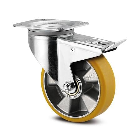 Rola pivotanta cu placa si frana, poliuretan, 200 x 50 mm, 350 kg