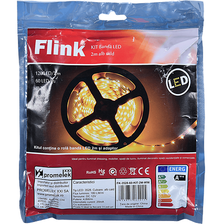Kit cu banda LED Flink si adaptor, alb-cald, 60 leduri/m, rola 2 m Kit cu banda LED Flink si adaptor, alb-cald, 60 leduri/m, rola 2 m