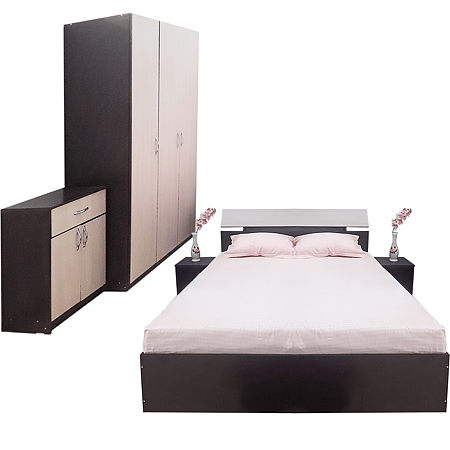 Dormitor modern Dorin D1, PAL melaminat, pat + dulap 3 usi + noptiere + comoda, wenge - ulm elegant