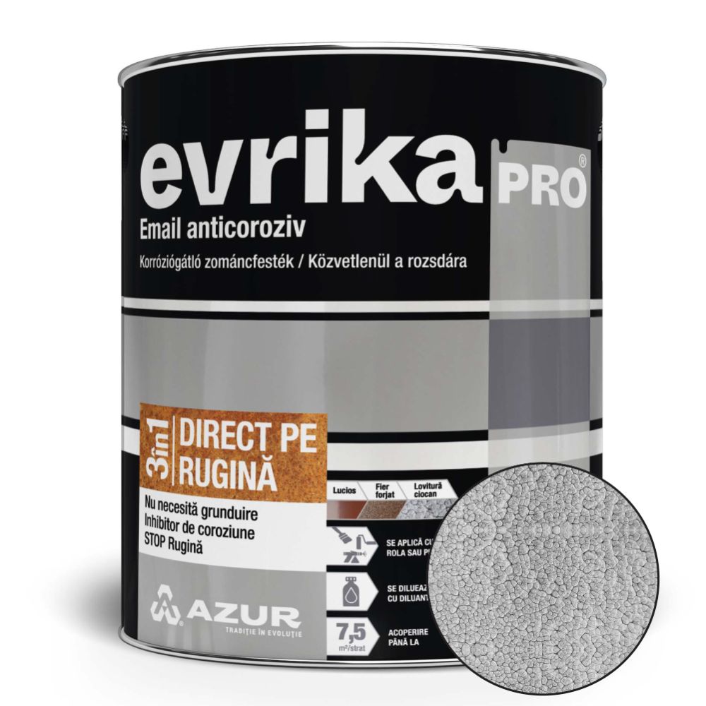 Vopsea alchidica Azur Evrika Pro direct pe rugina, argintiu, lovitura de ciocan, 0.75 l 0.75