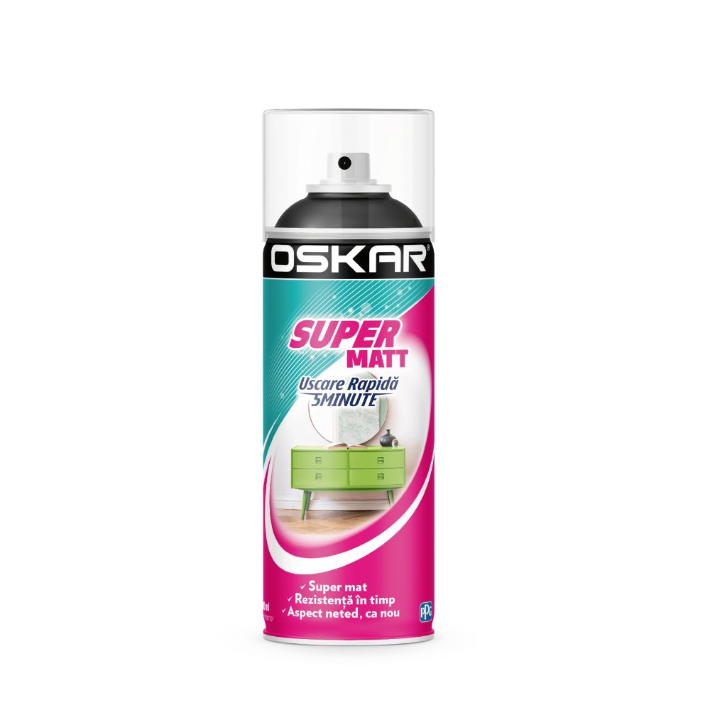 Vopsea spray Oskar Super Matt, negru RAL 9005, mat, interior/exterior, 400 ml 400
