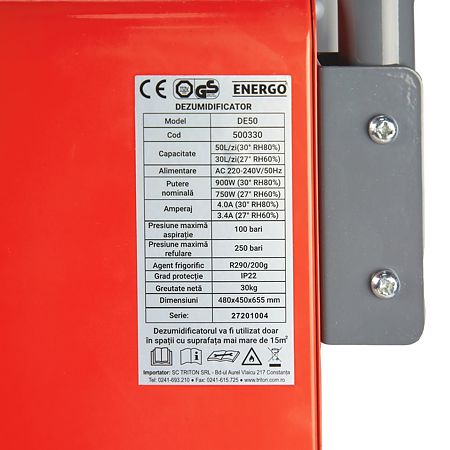 Dezumidificator cu agent refrigerant Energo DE50, rezervor 7 l, 50 l/24 h, 900 W