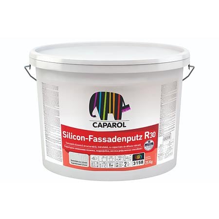 Tencuiala decorativa siliconica Caparol FassadenPutz R30, aspect scoarta de copac, granulatie >3 mm, exterior, alb, 25 kg