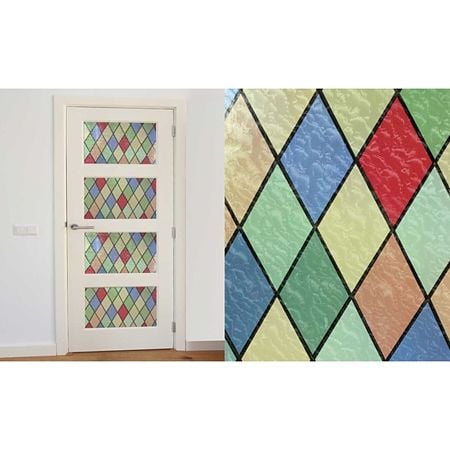 Folie autocolanta vitraliu 11-2275 din PVC, model cu romburi, multicolor, 45 cm x 15 m