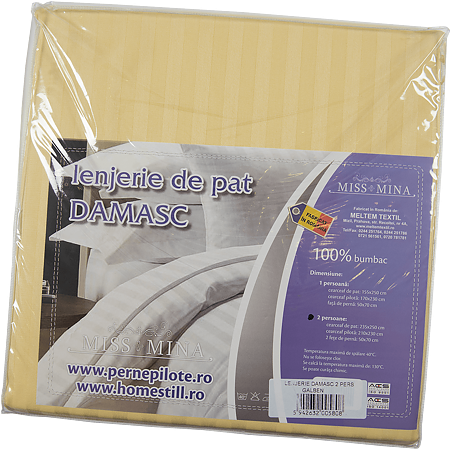 Lenjerie pat Damasc, 4 piese, 2 persoane, galben