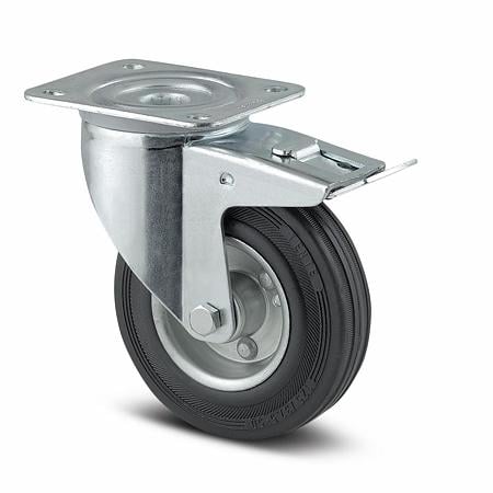 Rola pivotanta cu placa si frana, cauciuc plin negru, diametru roata 100 x 30 mm, inaltime totala 128mm 70 kg