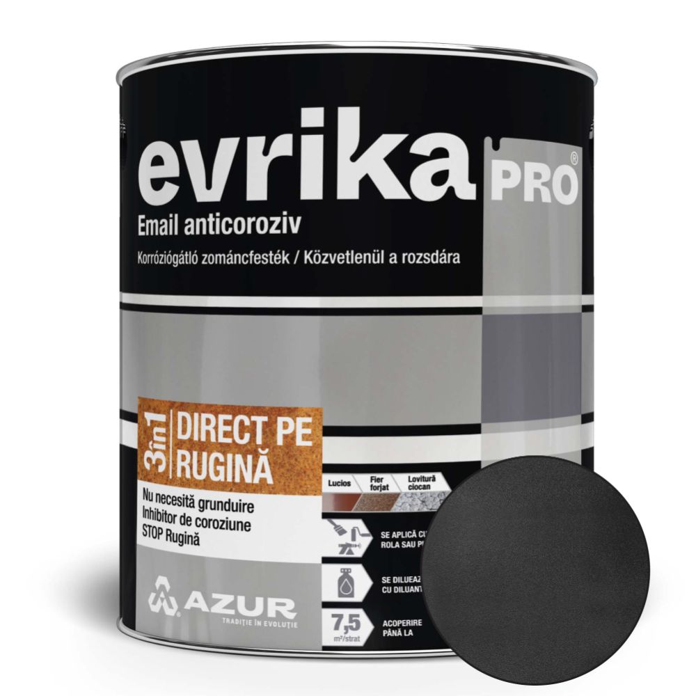 Vopsea alchidica Azur Evrika Pro direct pe rugina, negru, fier forjat, 0.75 l 0.75