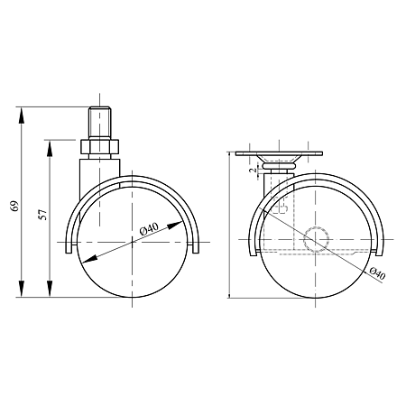 Rotila mobilier, plastic, negru, cu flansa, 40 mm