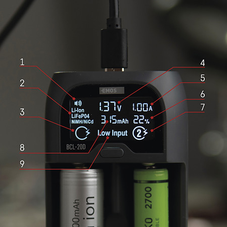 Incarcator universal pentru baterii Emos, 2000 mAh, 2 sloturi