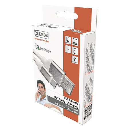 Cablu USB Emos 2.0 A/M-C/M, alb, 1 m
