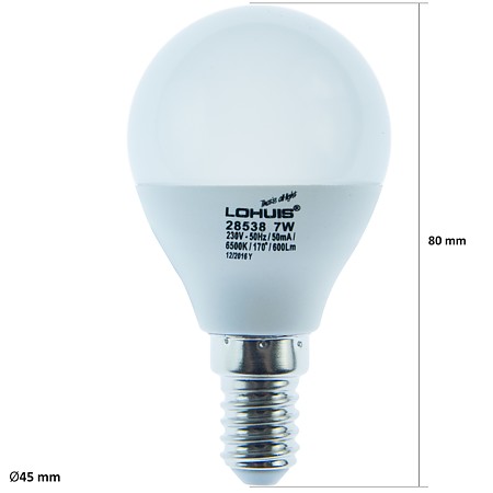 Bec LED Lohuis, sferic, E14, 7W, 600 lm, lumina rece 6500K