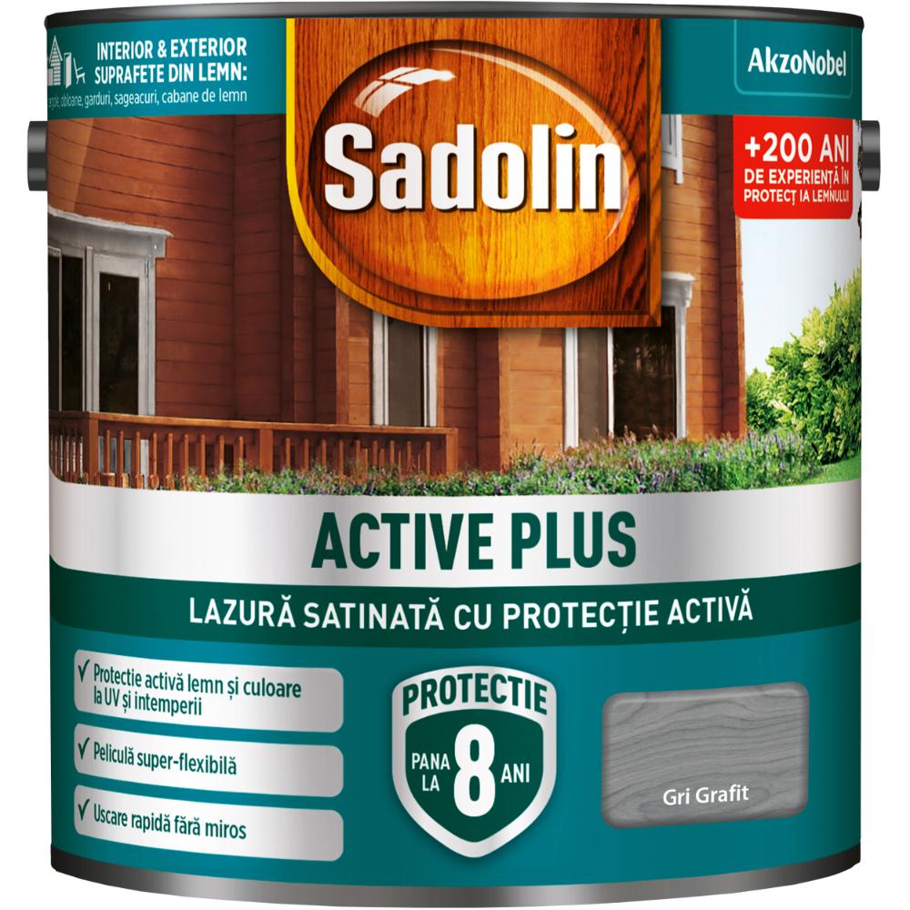 Lazura satinata pentru protectia lemnului Sadolin Active Plus WB, gri grafit, interior/exterior, 0.75 l