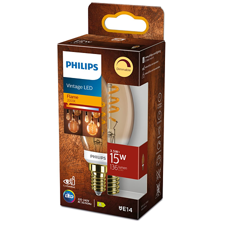 Bec LED lumanare Philips, E14, 3.5 - 15W, gold, lumina calda 2000 K