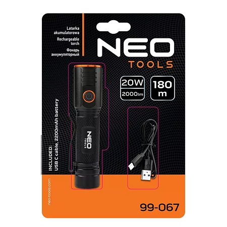 Lanterna reincarcabila 2 in 1 LED CHN Neo Tools, 20 W, 2000 lm, 5 moduri de iluminare, incarcare usb