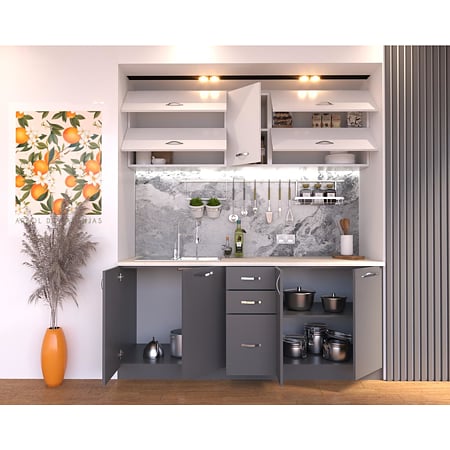 Mobila de bucatarie New - City PAL melaminat, alb/gri, blat inclus, lungime 2 m