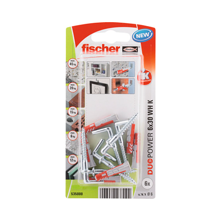 Diblu cu surub cap L Fischer Duopower, nylon, 6 x 30 mm, 6 bucati
