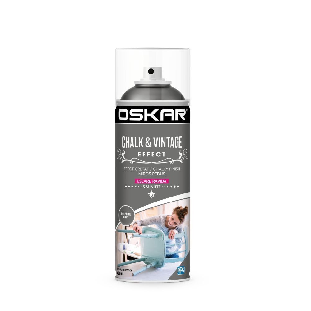 Vopsea spray pentru lemn / metal chalk & vintage efect Oskar, dolphin grey, mat, interior/exterior, 400 ml 400